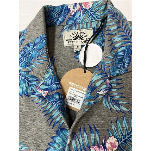 Free Planet Shirt Mens Small Grey/Blue Floral Button Down Shortsleeve Casual NWT - Picture 4 of 5